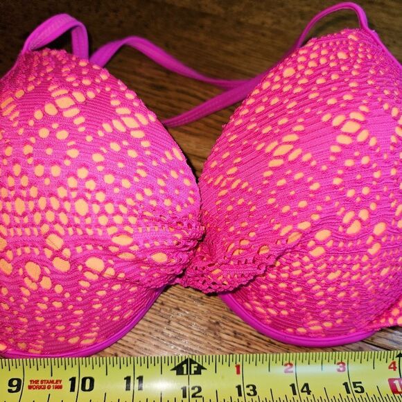 NWOT BONGO Junior M Bikini Top “Coachella Cool” Pink/Orange Crochet Halter Swim - Picture 2 of 6